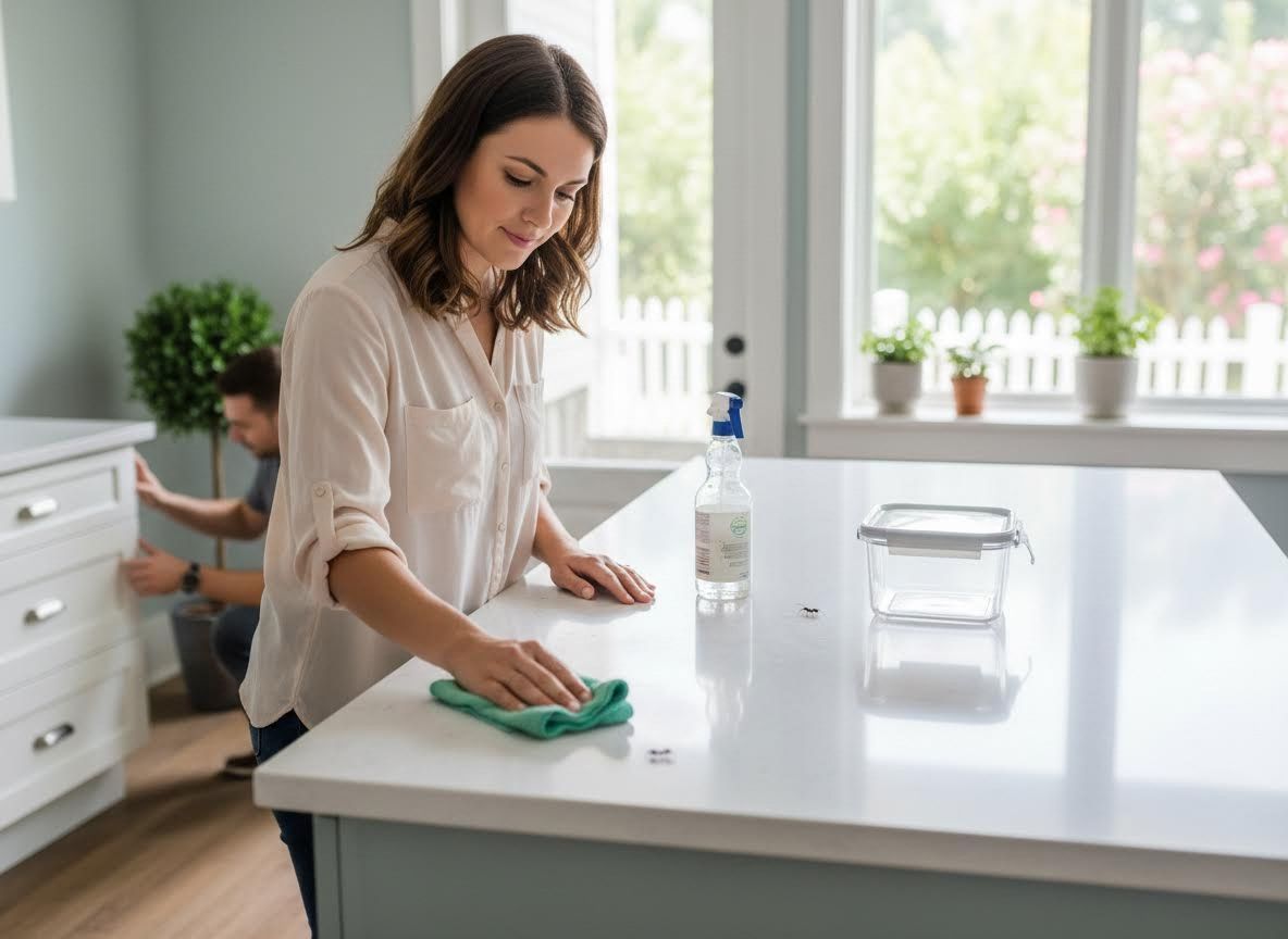 Woman cleaning kitchen counter with ants