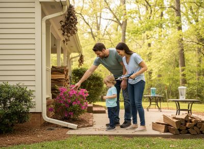 Family inspecting house exterior and garden