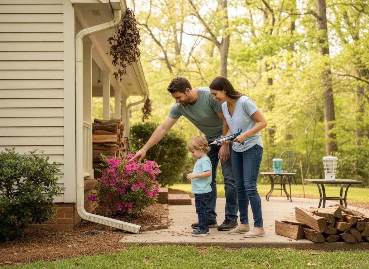 Family inspecting house exterior and garden