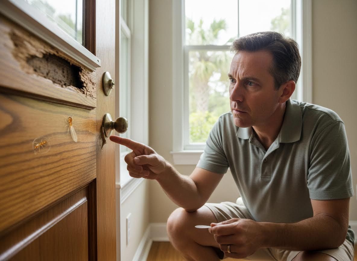 Man discovers severe termite damage on a wooden door