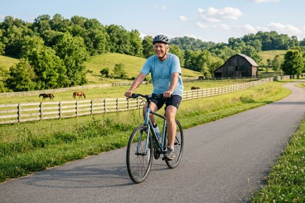 Joyful adult comfortably riding a bicycle, representing successfully treated chronic knee pain and a healthy, active lifestyle.