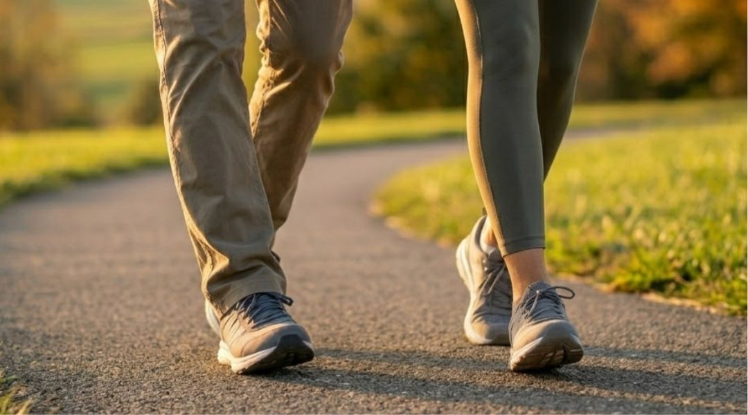 A square lifestyle photograph taken at golden hour captures the lower legs of a middle-aged couple walking smoothly on a scenic Southern Kentucky paved path.