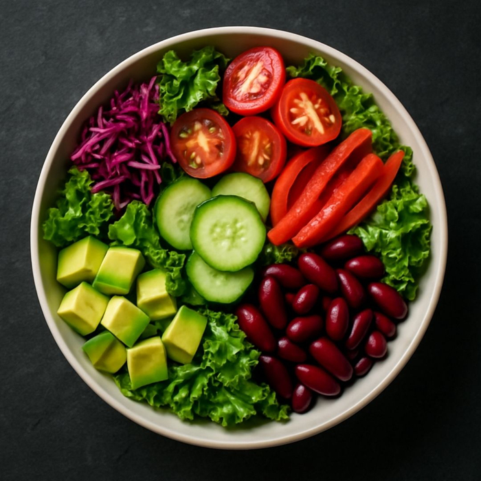 healthy bowl of vegetables, beans, and avocado