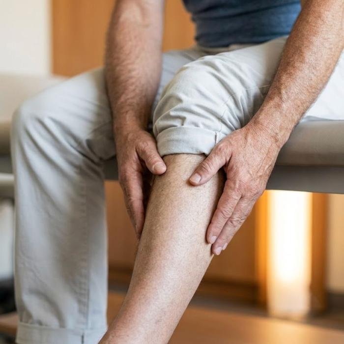 A close-up square photograph shows a mature man, similar in appearance to the patient in the featured image, naturally massaging his cramping calf muscle while seated in a clinic.