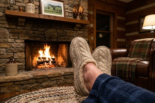 Comfortable feet resting warmly in soft slippers, highlighting the restored circulation and natural warmth of healthy legs.