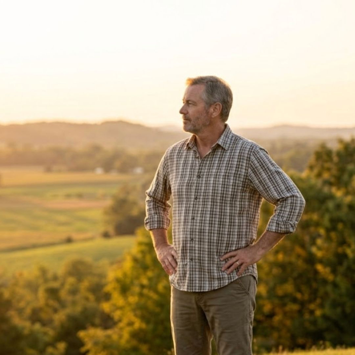 A square lifestyle photograph captures a middle-aged man standing comfortably on a scenic Southern Kentucky hill at sunset, looking mobile and healthy.