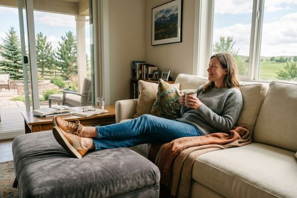 Relaxed person with comfortably elevated legs on an ottoman, showing proper vein circulation and lack of lower body swelling.