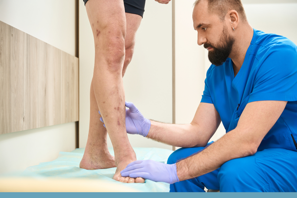 A doctor looking at a patients legs