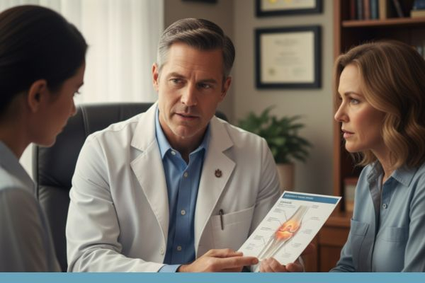 A compassionate doctor at Southern Kentucky Vascular discussing the GAE procedure and considerations with a patient.