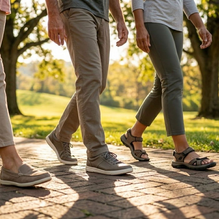 A square lifestyle photograph captures a low-angle view of diverse, mature adults’ legs walking comfortably together on a paved path, showcasing healthy mobility.
