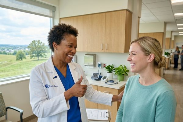 Smiling medical professional and a happy patient celebrating a successful vascular treatment and complete wound recovery.