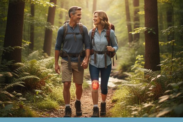 An active couple hiking together, symbolizing the lasting pain relief and restored mobility possible with GAE.