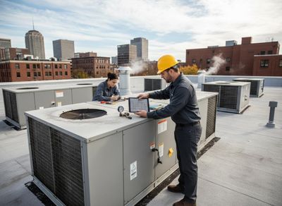 HVAC technicians performing maintenance on commercial rooftop units