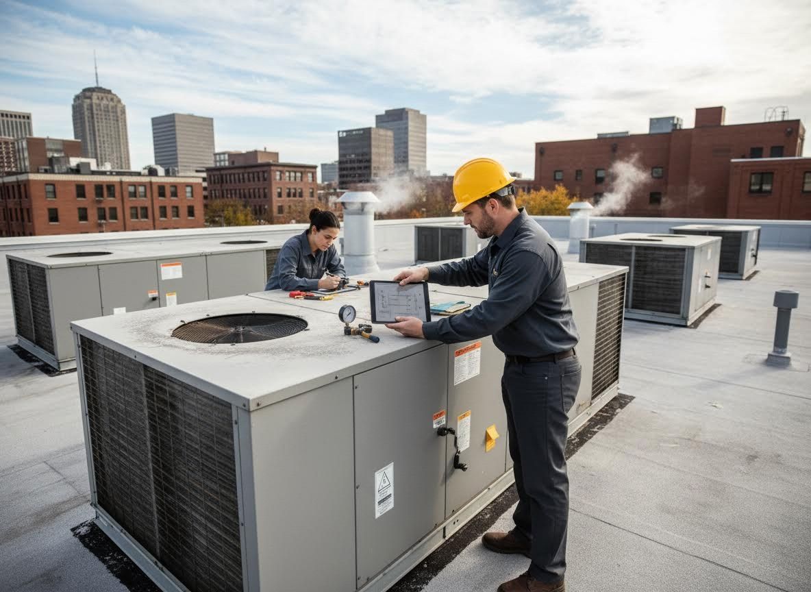HVAC technicians performing maintenance on commercial rooftop units
