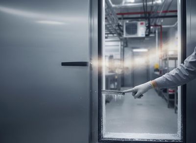 Open industrial freezer door with frost and cold vapor