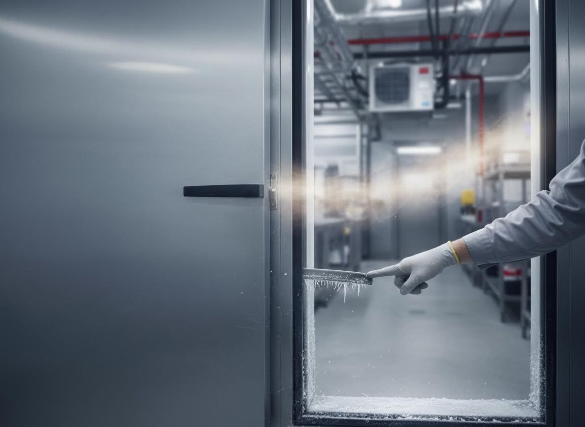 Open industrial freezer door with frost and cold vapor