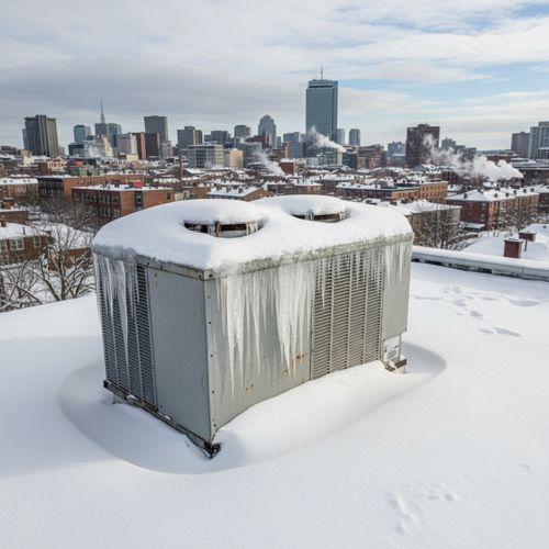 A rooftop HVAC unit half-buried in snow and ice