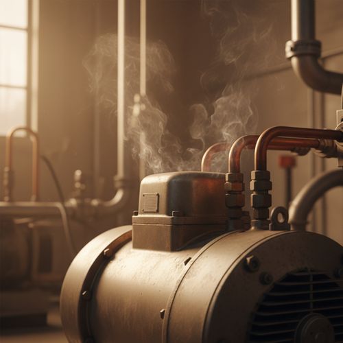 A close-up of a commercial refrigeration compressor with visible heat waves