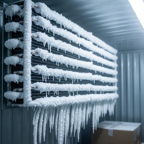 Frosted-over refrigeration coils with visible ice chunks forming in an industrial cooler