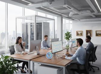 Modern Office with Professionals, Server Racks, and Climate Monitoring