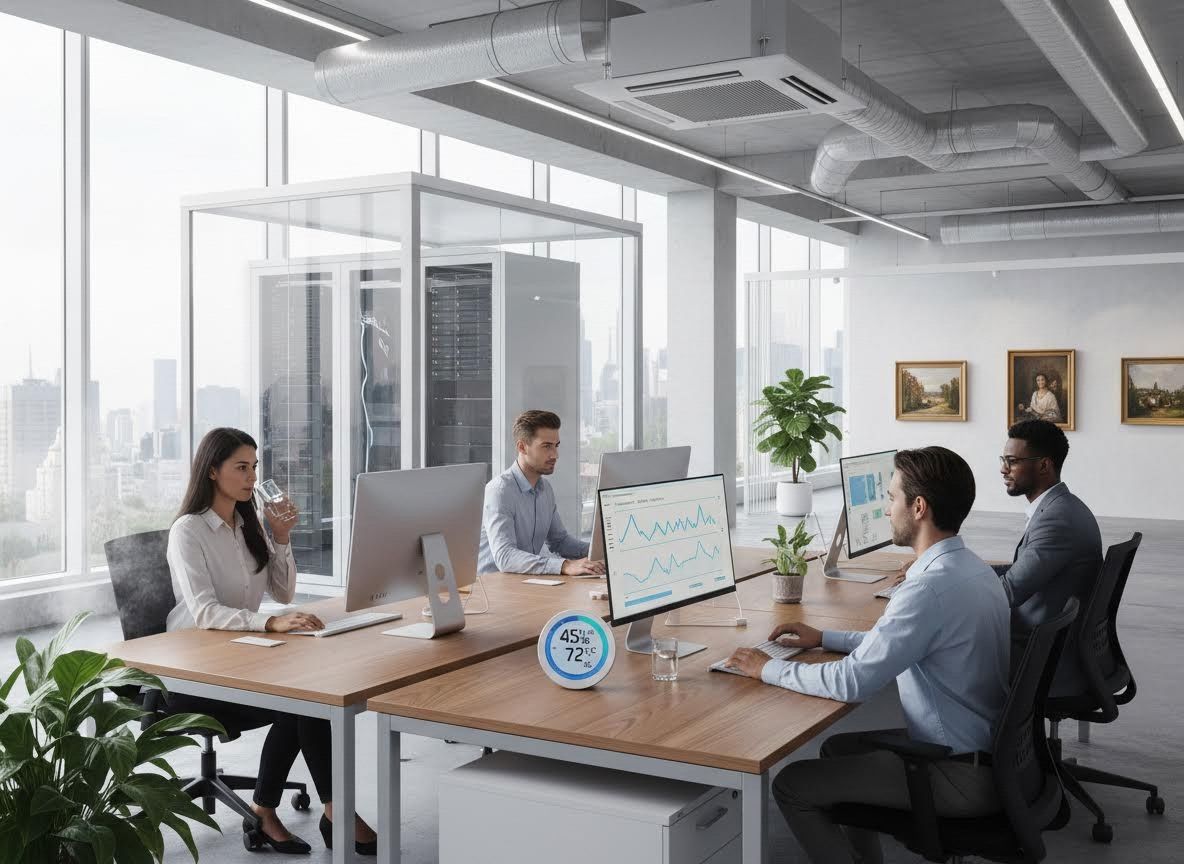 Modern Office with Professionals, Server Racks, and Climate Monitoring