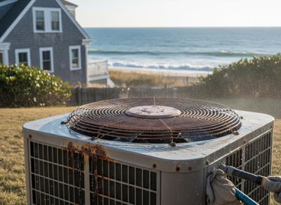 Cleaning a Rusty AC Unit by an Oceanfront House