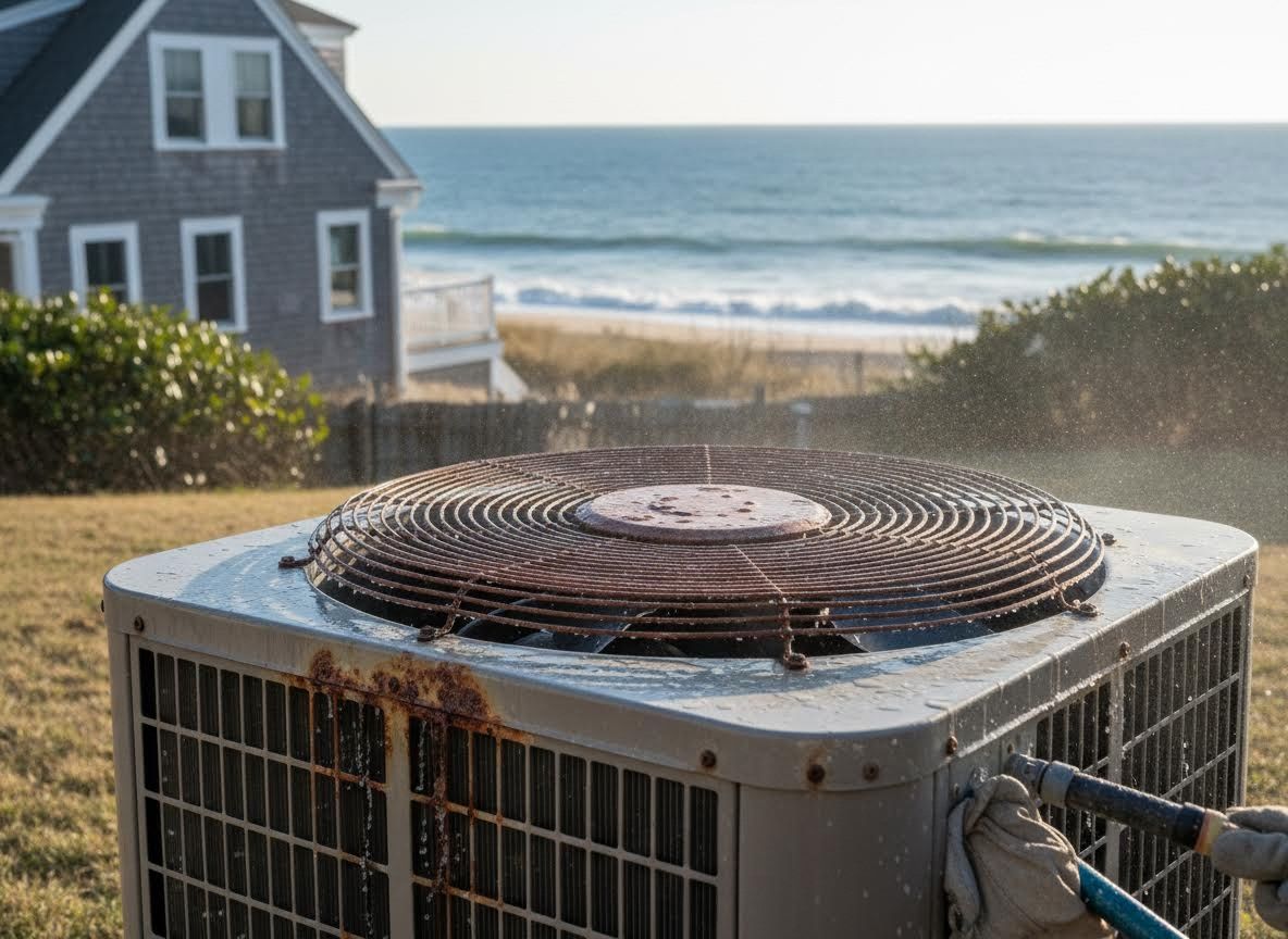 Cleaning a Rusty AC Unit by an Oceanfront House