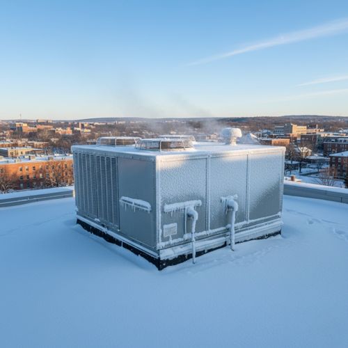 rooftop HVAC unit with visible frost