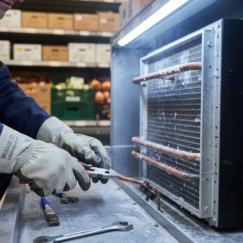 a technician fixing a cooler coil with tools