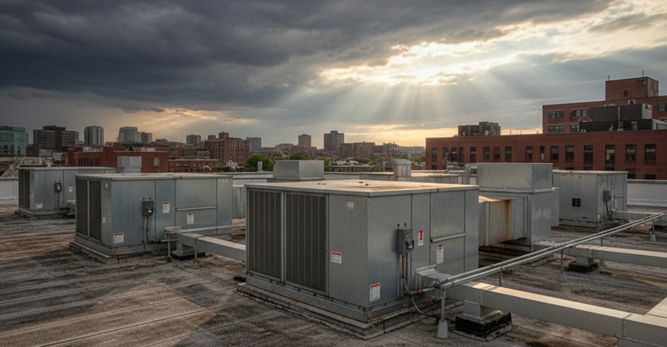 rooftop view of multiple HVAC units on a building with a cloudy New England sky overhead