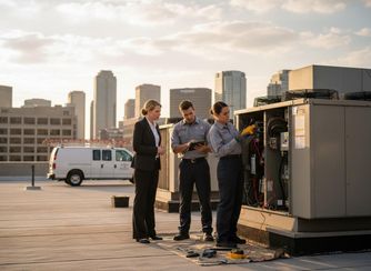 Two HVAC technicians, one using a multimeter and the other a tablet, work on a commercial unit on a city rooftop, overseen by a manager. HVAC technicians performing maintenance on a rooftop unit with a manager