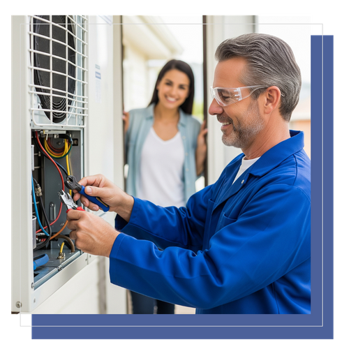 contractor doing commercial HVAC repairs with a woman watching through doorway
