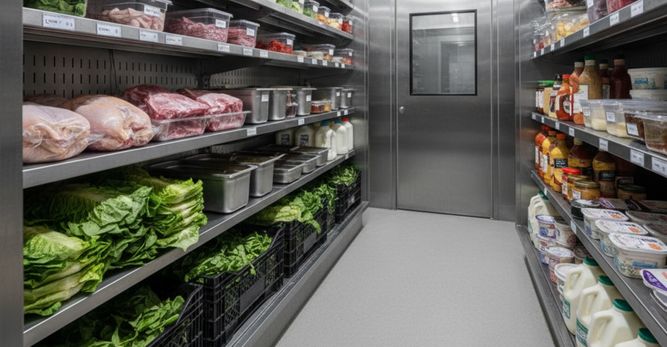 Walk-in cooler in a restaurant