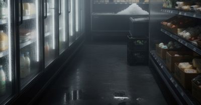 A dimly lit walk-in cooler with frost melting off shelves and food items starting to sweat