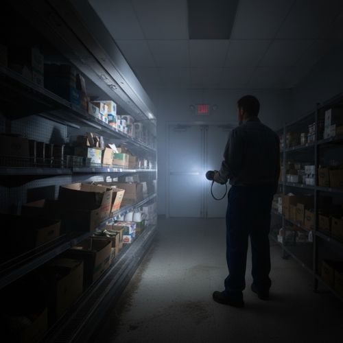 A technician from behind, shining a flashlight inside a dark commercial cooler during a power outage