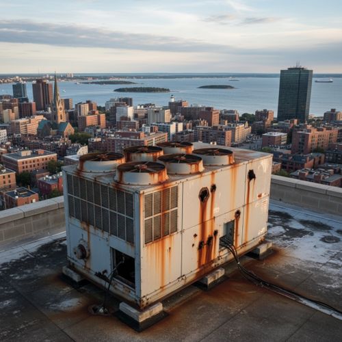 A corroded HVAC rooftop unit with rust streaks