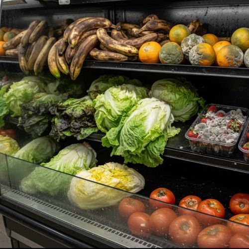 A grocery store display case with visibly spoiled produce