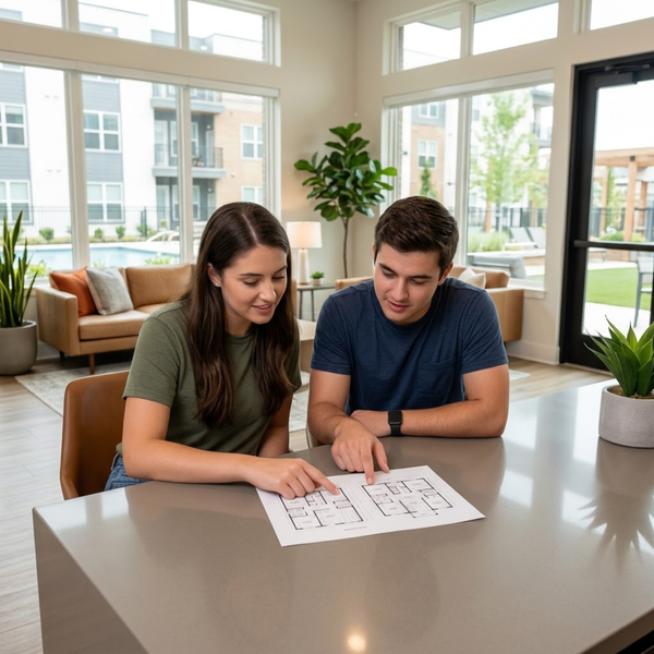 Two people looking at an apartment floor plan. Two people looking at an apartment floor plan.