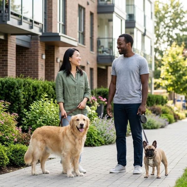 two people walking their dogs two people walking their dogs