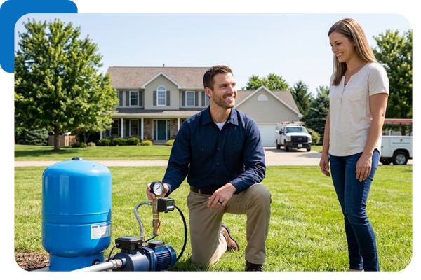 inspecting a residential well pump system in a grassy suburban yard in Springfield, OH