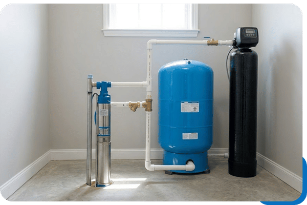 A modern well water system installation in a Troy, OH utility room featuring a new submersible pump, a blue pressure tank, and a water softener.