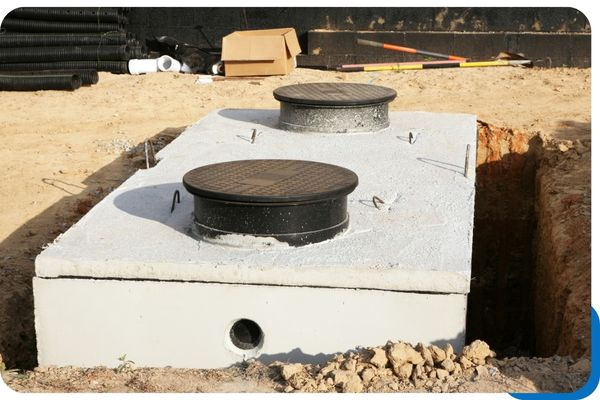Newly installed concrete septic tank with two access covers.