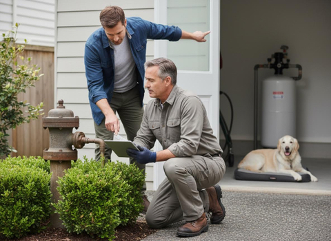 Homeowner and technician inspecting outdoor water system