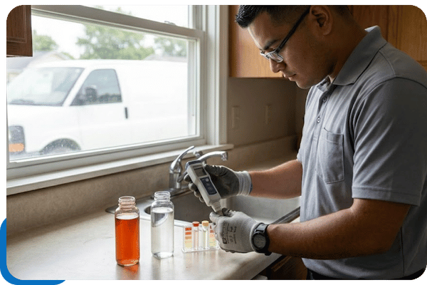 A detailed, non-branded photograph taken inside a Troy, OH residential kitchen, showing a professional technician testing water quality.