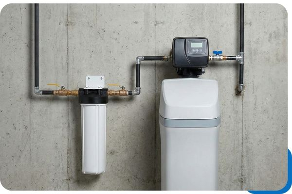 Water softener system with filter installed against concrete wall.