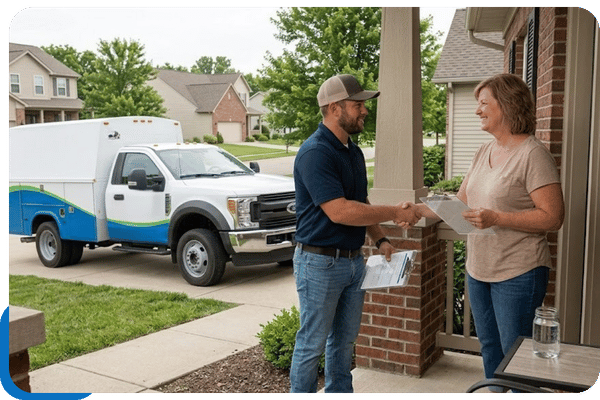 C & C Water Solutions technicians shake hands with a happy homeowner in Miami County, Ohio, after providing a free water test and expert well water advice.