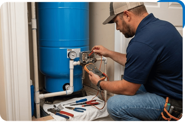 A C & C Water Solutions technician in a branded shirt uses a multimeter to diagnose a faulty pressure switch on a blue well tank during a repair call in Tipp City, Ohio.