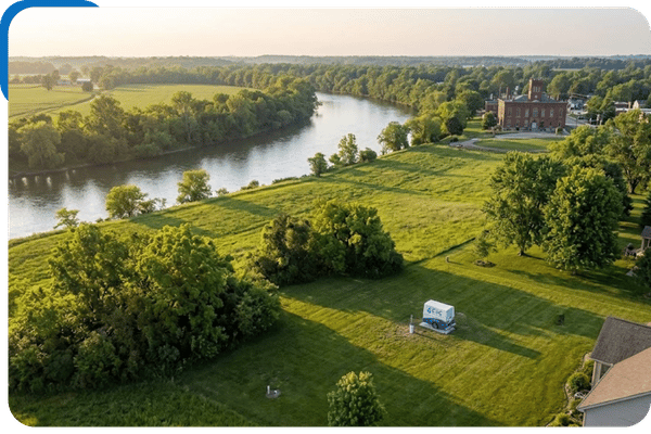 A golden hour landscape photograph of a residential well system in Tipp City, OH, with the Great Miami River winding through fields in the background.