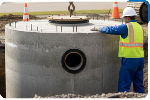 Construction worker inspecting a large concrete septic tank.