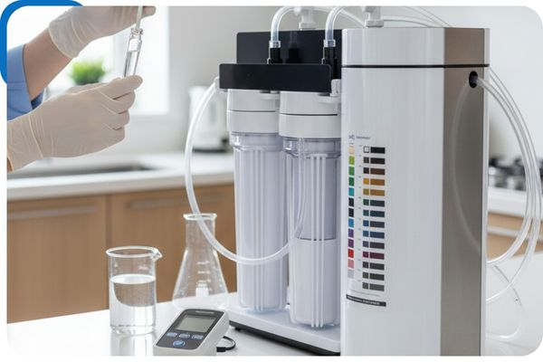 Professional water quality testing equipment and color comparison chart.